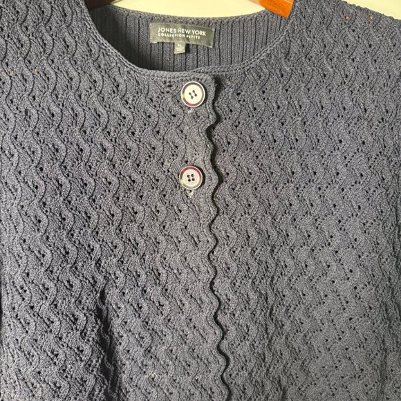 Jones New York Petite Large, Navy, 2 Button Short Sleeve Cardigan, Zig Zag - Picture 6 of 10